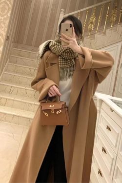 Plus-Size Camel Cashmere Coat for Women, Mid-Length Double-Sided Wool Outerwear, 2024 Autumn Winter Hepburn Style