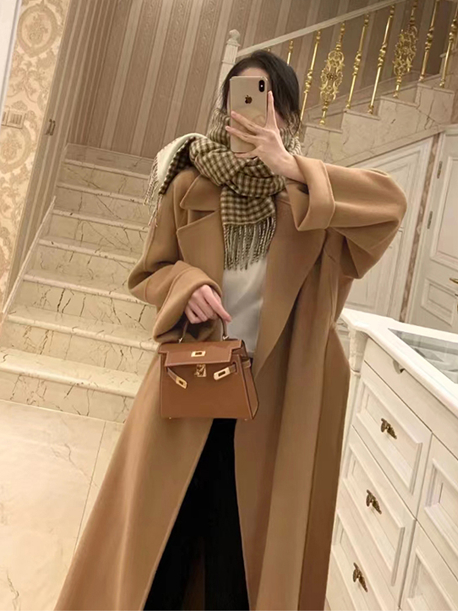 Plus-Size Camel Cashmere Coat for Women, Mid-Length Double-Sided Wool Outerwear, 2024 Autumn Winter Hepburn Style Plus-Size Camel Cashmere Coat for Women, Mid-Length Double-Sided Wool Outerwear, 2024 Autumn Winter Hepburn Style