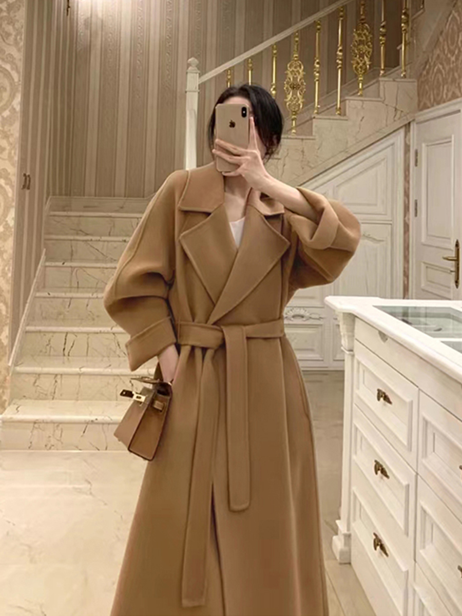 Plus-Size Camel Cashmere Coat for Women, Mid-Length Double-Sided Wool Outerwear, 2024 Autumn Winter Hepburn Style Plus-Size Camel Cashmere Coat for Women, Mid-Length Double-Sided Wool Outerwear, 2024 Autumn Winter Hepburn Style