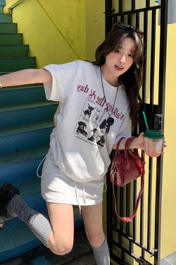 Plus-Size Cartoon Print Drawstring Short-Sleeve T-Shirt and High-Waisted Skirt Two-Piece Set - Trendy Summer Outfit for Women