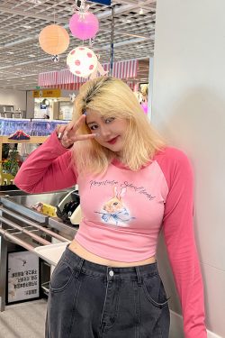 Plus Size Cartoon Print Long Sleeve Crop T-Shirt - Slim Fit Trendy Top for Hot Girls - Y2K Style