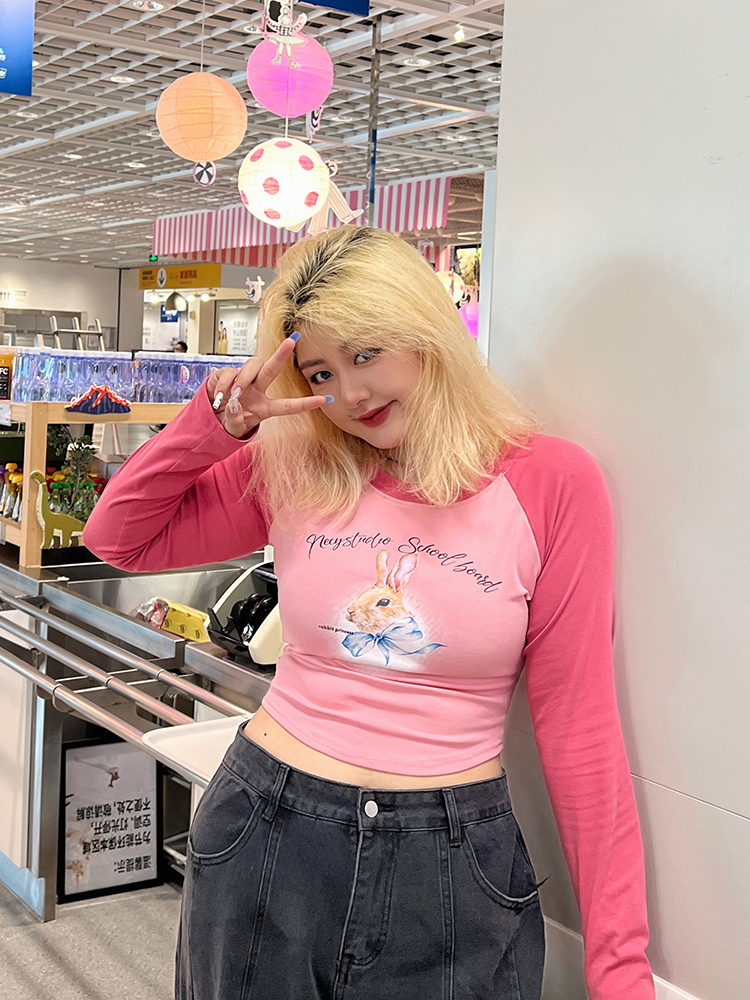 Plus Size Cartoon Print Long Sleeve Crop T-Shirt - Slim Fit Trendy Top for Hot Girls - Y2K Style Plus Size Cartoon Print Long Sleeve Crop T-Shirt - Slim Fit Trendy Top for Hot Girls - Y2K Style
