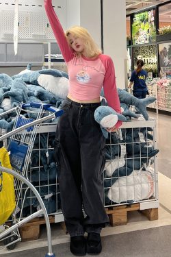 Plus Size Cartoon Print Long Sleeve Crop T-Shirt - Slim Fit Trendy Top for Hot Girls - Y2K Style