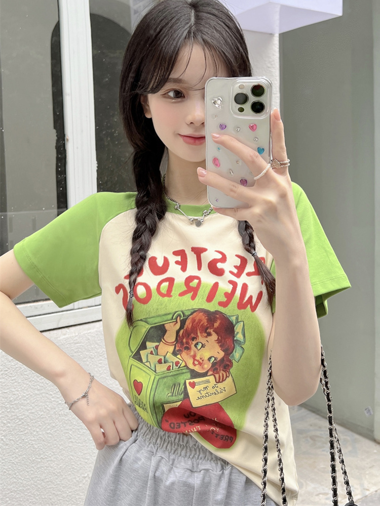 Plus Size Cartoon Printed Short Sleeve T-Shirt for Women - Summer American Sweet and Spicy Style, Loose Fit, Belly Covering, Age-Reducing Top Plus Size Cartoon Printed Short Sleeve T-Shirt for Women - Summer American Sweet and Spicy Style, Loose Fit, Belly Covering, Age-Reducing Top