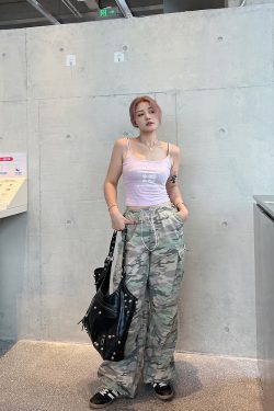 Plus Size Casual American Camouflage Wide-Leg Pants with Elastic Waist and Drawstring - Trendy Autumn Loose Cuffed Trousers