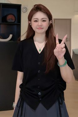 Plus Size Casual Loose Summer T-Shirt for Women, Slimming Drawstring Pleated V-Neck, Short Sleeve, Comfortable and Stylish Top