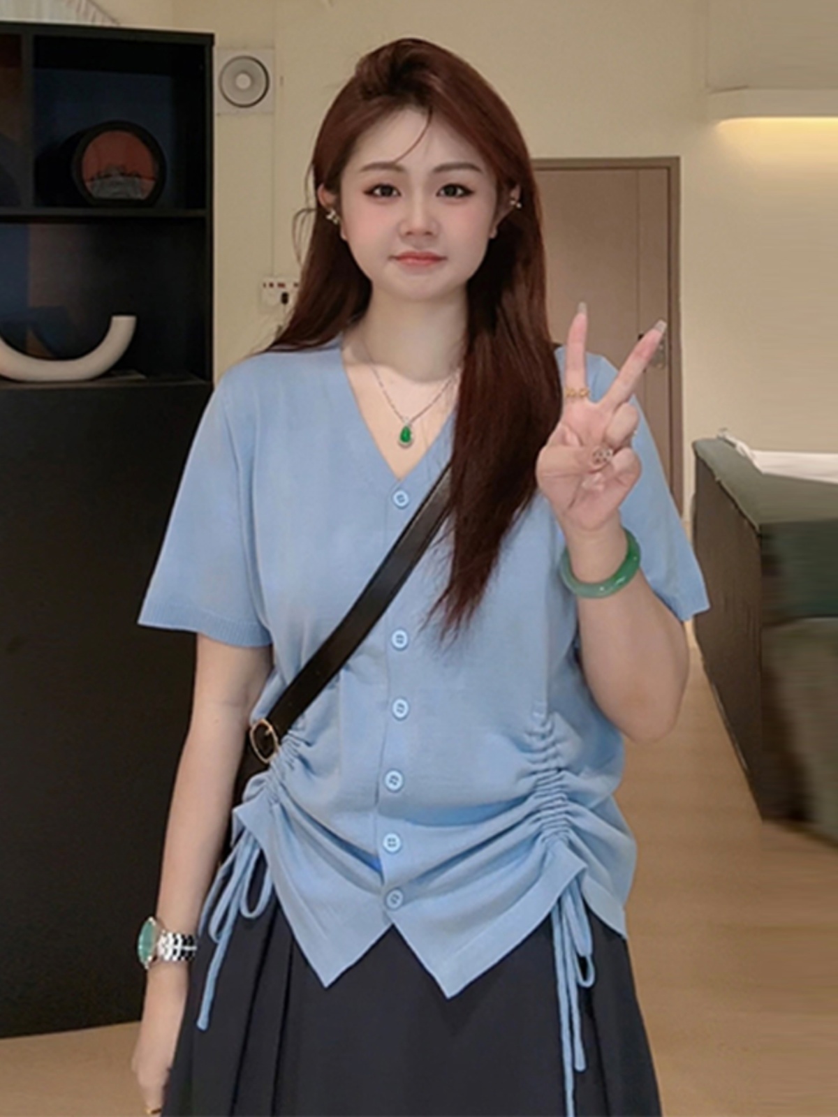 Plus Size Casual Loose Summer T-Shirt for Women, Slimming Drawstring Pleated V-Neck, Short Sleeve, Comfortable and Stylish Top Plus Size Casual Loose Summer T-Shirt for Women, Slimming Drawstring Pleated V-Neck, Short Sleeve, Comfortable and Stylish Top