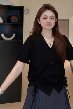 Plus Size Casual Loose Summer T-Shirt for Women, Slimming Drawstring Pleated V-Neck, Short Sleeve, Comfortable and Stylish Top