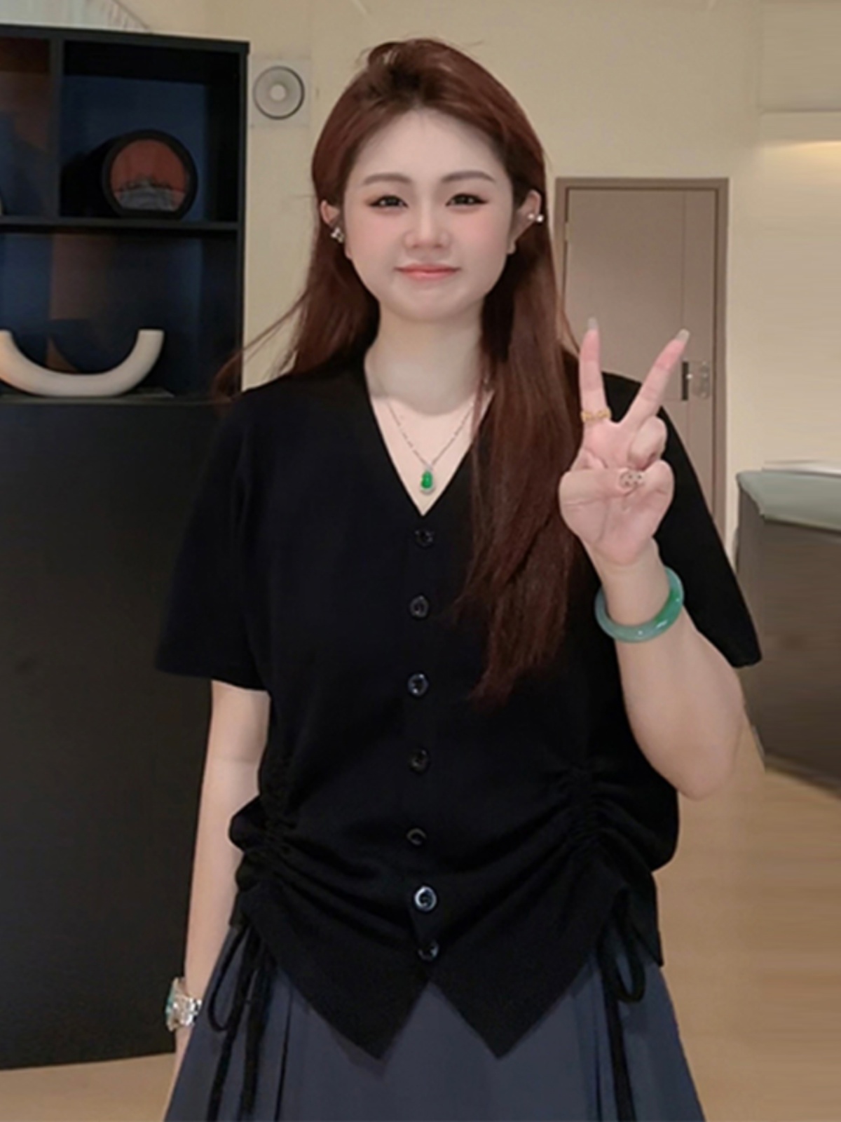 Plus Size Casual Loose Summer T-Shirt for Women, Slimming Drawstring Pleated V-Neck, Short Sleeve, Comfortable and Stylish Top Plus Size Casual Loose Summer T-Shirt for Women, Slimming Drawstring Pleated V-Neck, Short Sleeve, Comfortable and Stylish Top