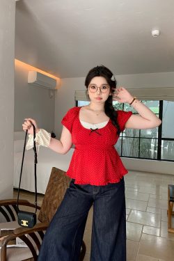 Plus Size Chiffon Blouse for Young Girls - Red Polka Dot Short Sleeve Wave Edge Pullover Shirt