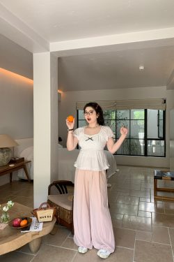 Plus Size Chiffon Blouse for Young Girls - Red Polka Dot Short Sleeve Wave Edge Pullover Shirt