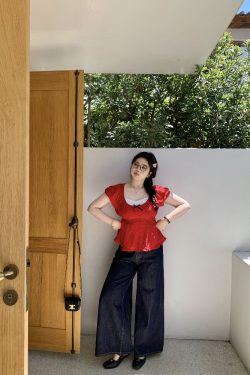 Plus Size Chiffon Blouse for Young Girls - Red Polka Dot Short Sleeve Wave Edge Pullover Shirt