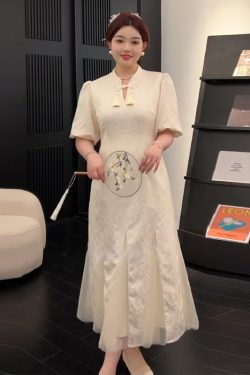 Plus-Size Chinese Style Summer Qipao Dress, Retro Mesh Splicing Skirt, Slimming National Wind Design for Plump Figures