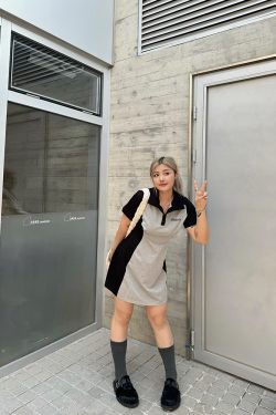 Plus Size Color Block Polo Collar Mid-Length Dress - Waist-Defining Slimming Fit for Women - Elegant Casual Style