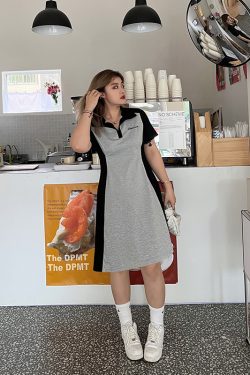 Plus Size Color Block Polo Collar Mid-Length Dress - Waist-Defining Slimming Fit for Women - Elegant Casual Style