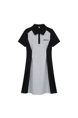 Plus Size Color Block Polo Collar Mid-Length Dress - Waist-Defining Slimming Fit for Women - Elegant Casual Style