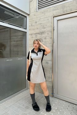 Plus Size Color Block Polo Collar Mid-Length Dress - Waist-Defining Slimming Fit for Women - Elegant Casual Style