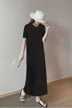 Plus Size Cotton Round Neck Mid-Length Dress, Loose Fit Short Sleeve & Long Sleeve, Slimming Straight Skirt for Spring & Summer