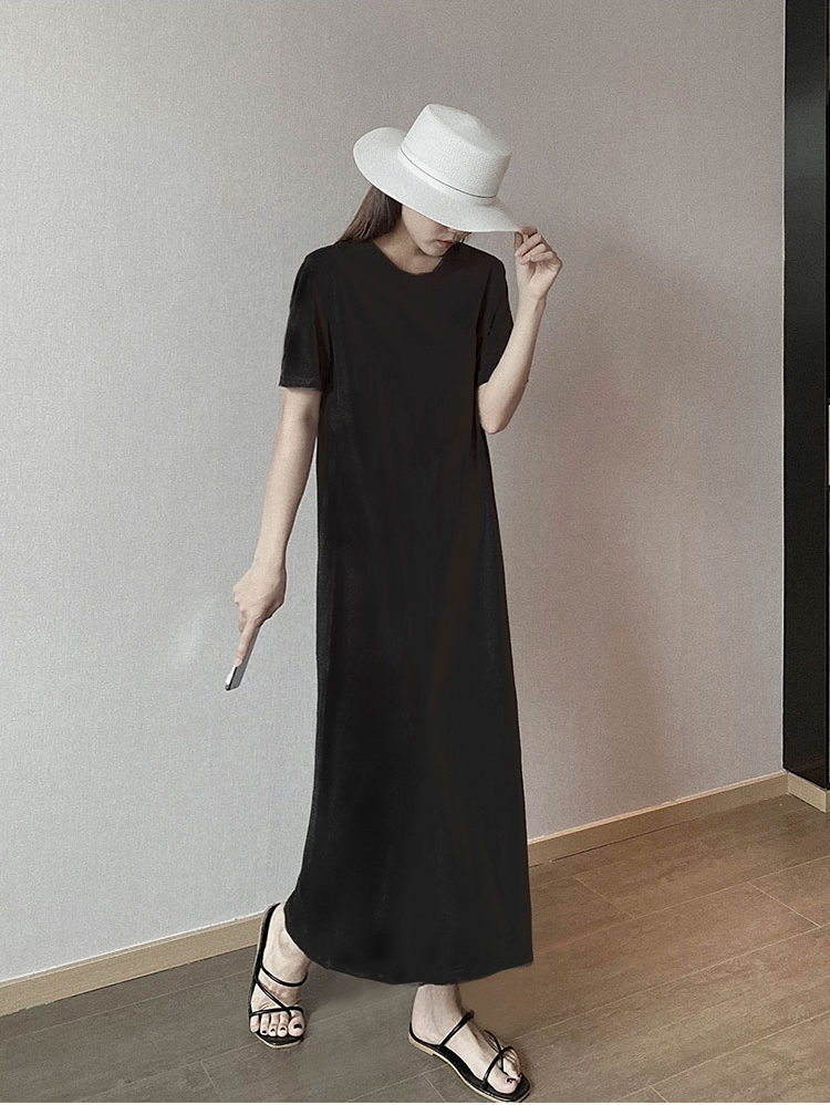 Plus Size Cotton Round Neck Mid-Length Dress, Loose Fit Short Sleeve & Long Sleeve, Slimming Straight Skirt for Spring & Summer Plus Size Cotton Round Neck Mid-Length Dress, Loose Fit Short Sleeve & Long Sleeve, Slimming Straight Skirt for Spring & Summer