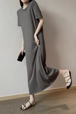 Plus Size Cotton Round Neck Mid-Length Dress, Loose Fit Short Sleeve & Long Sleeve, Slimming Straight Skirt for Spring & Summer