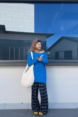 Plus Size Cropped Blue Slouchy Knit Sweater with Asymmetrical Neck - Lazy Style Slimming Fashion for 2024