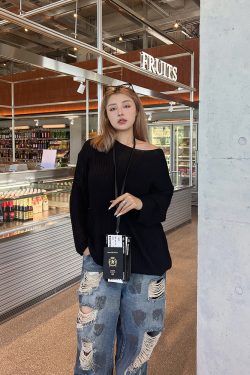 Plus Size Cropped Blue Slouchy Knit Sweater with Asymmetrical Neck - Lazy Style Slimming Fashion for 2024