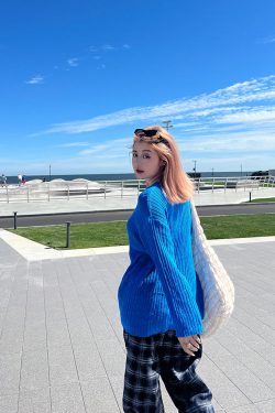 Plus Size Cropped Blue Slouchy Knit Sweater with Asymmetrical Neck - Lazy Style Slimming Fashion for 2024