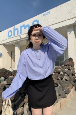 Plus Size Cute Academy Style Blue Striped Long Sleeve Shirt - Sea Salt Brandy Color, Round Neck, Slightly Chubby Fit