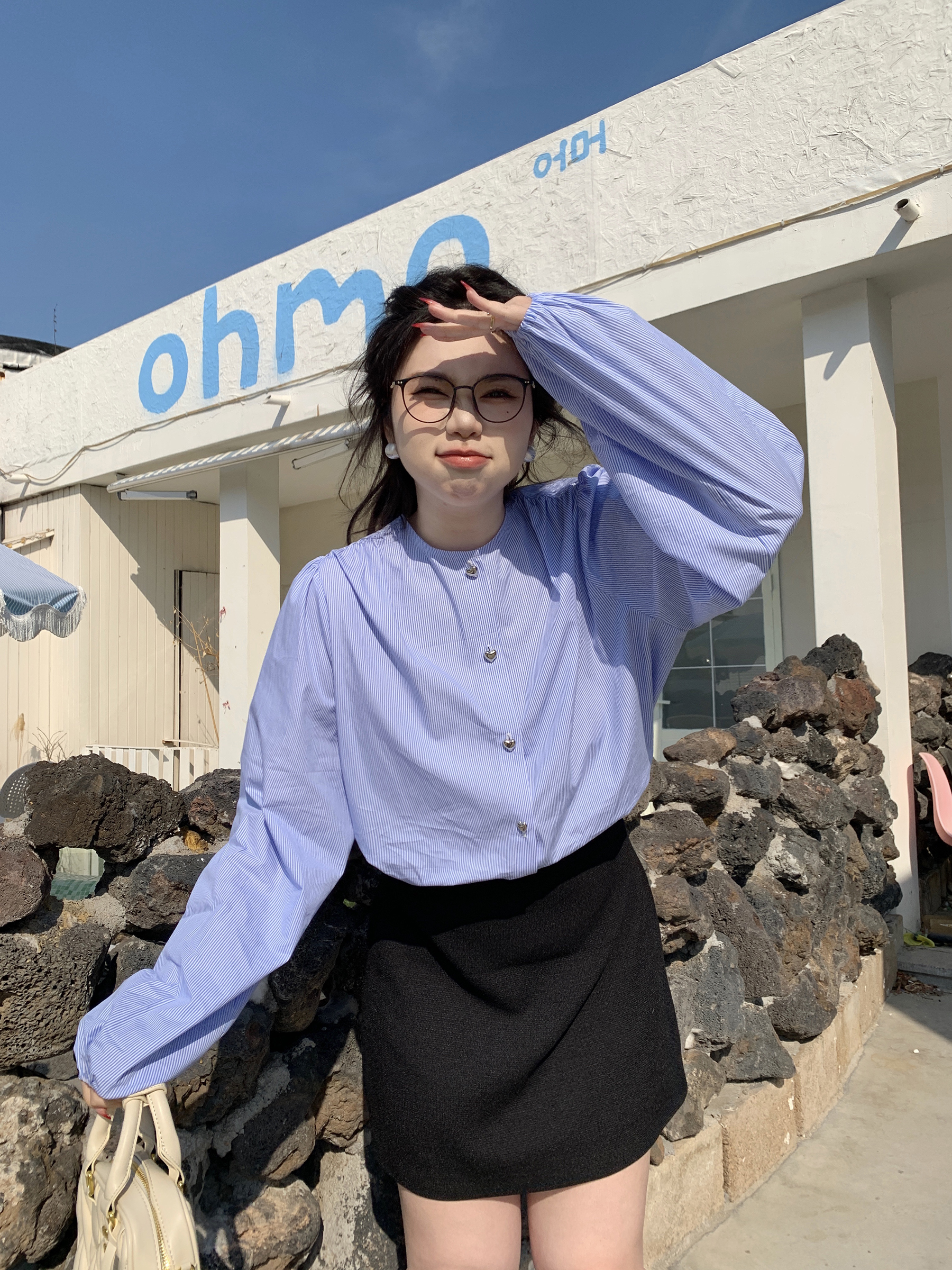 Plus Size Cute Academy Style Blue Striped Long Sleeve Shirt - Sea Salt Brandy Color, Round Neck, Slightly Chubby Fit Plus Size Cute Academy Style Blue Striped Long Sleeve Shirt - Sea Salt Brandy Color, Round Neck, Slightly Chubby Fit