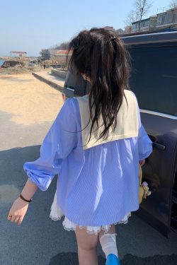 Plus Size Cute Academy Style Blue Striped Long Sleeve Shirt - Sea Salt Brandy Color, Round Neck, Slightly Chubby Fit