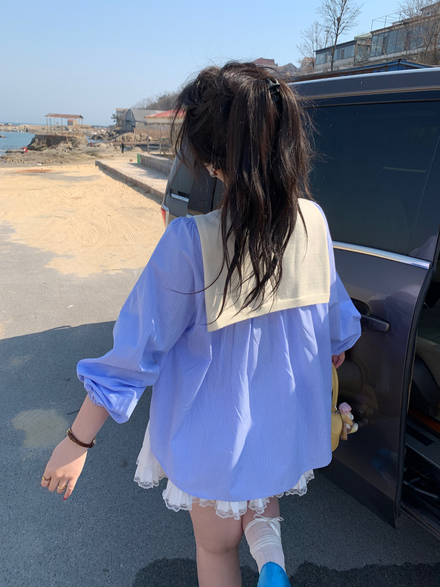 Plus Size Cute Academy Style Blue Striped Long Sleeve Shirt - Sea Salt Brandy Color, Round Neck, Slightly Chubby Fit Plus Size Cute Academy Style Blue Striped Long Sleeve Shirt - Sea Salt Brandy Color, Round Neck, Slightly Chubby Fit