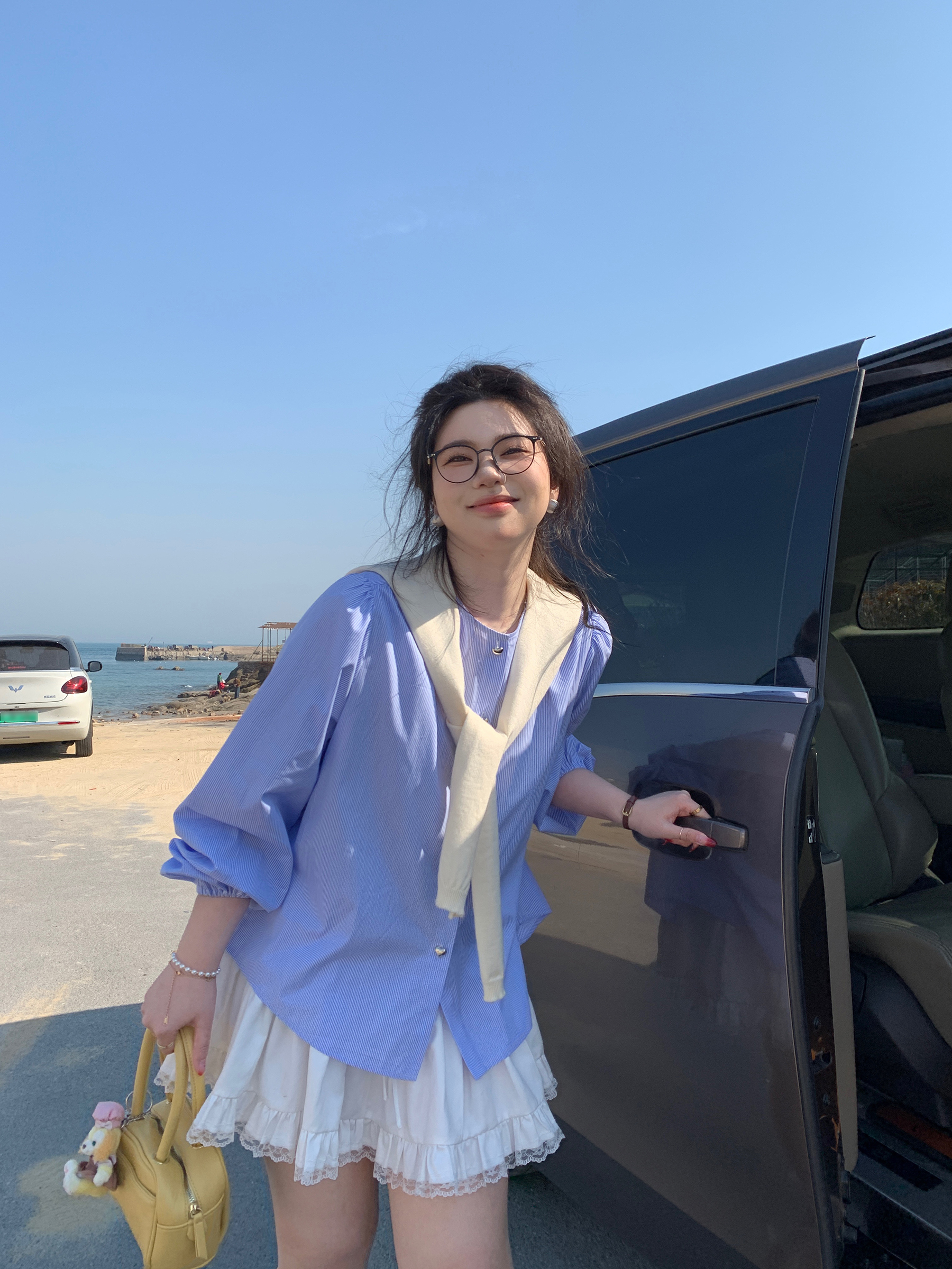 Plus Size Cute Academy Style Blue Striped Long Sleeve Shirt - Sea Salt Brandy Color, Round Neck, Slightly Chubby Fit Plus Size Cute Academy Style Blue Striped Long Sleeve Shirt - Sea Salt Brandy Color, Round Neck, Slightly Chubby Fit