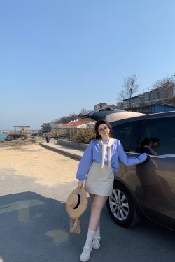 Plus Size Cute Academy Style Blue Striped Long Sleeve Shirt - Sea Salt Brandy Color, Round Neck, Slightly Chubby Fit