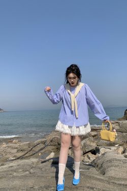 Plus Size Cute Academy Style Blue Striped Long Sleeve Shirt - Sea Salt Brandy Color, Round Neck, Slightly Chubby Fit