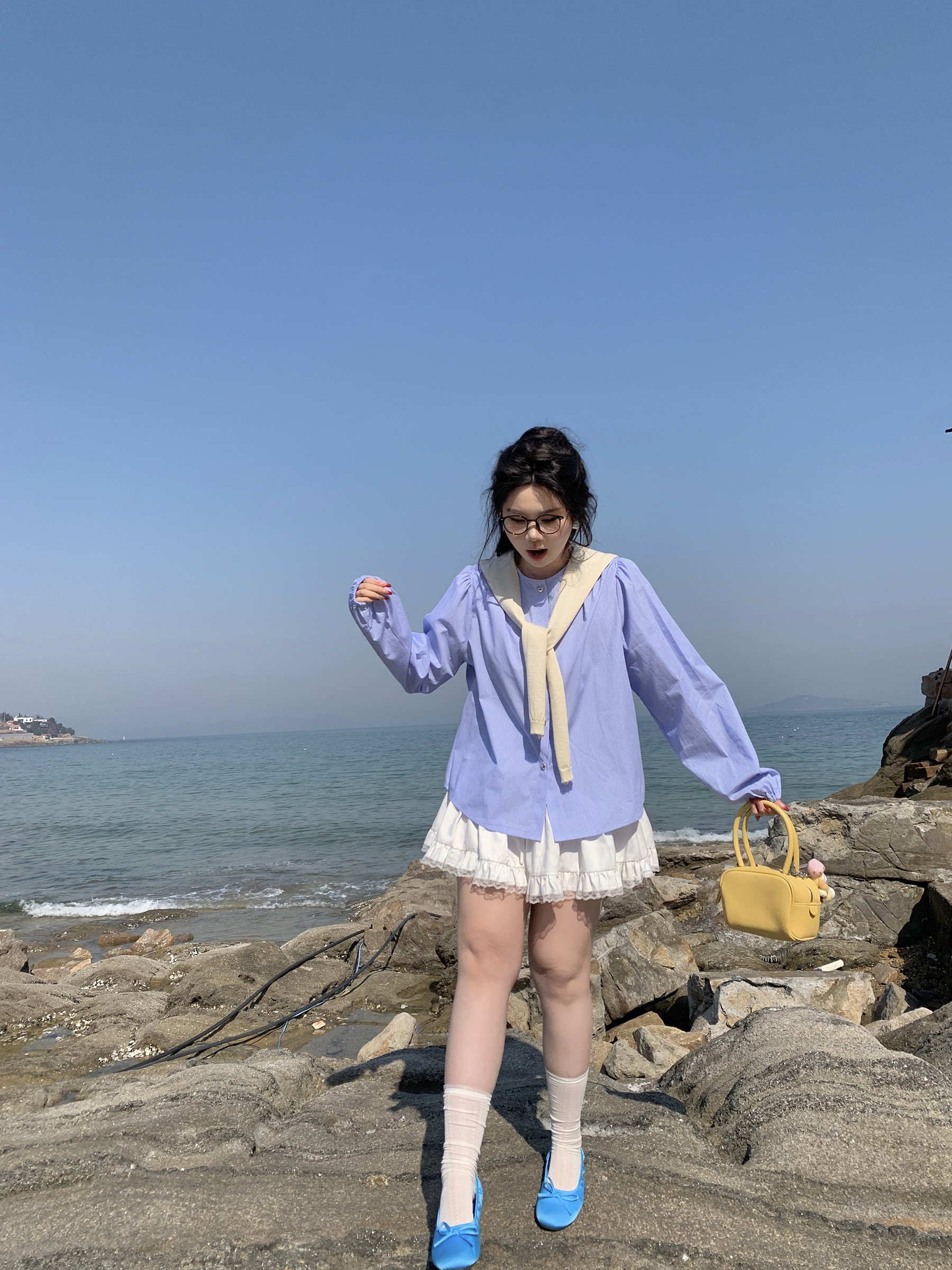 Plus Size Cute Academy Style Blue Striped Long Sleeve Shirt - Sea Salt Brandy Color, Round Neck, Slightly Chubby Fit Plus Size Cute Academy Style Blue Striped Long Sleeve Shirt - Sea Salt Brandy Color, Round Neck, Slightly Chubby Fit