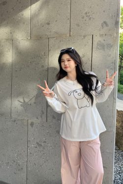 Plus Size Cute Cream Dog Print Long Sleeve T-Shirt - Round Neck Sun Protection Cover-Up - Casual 90s Style Top