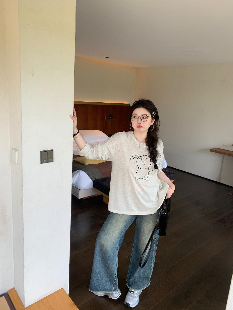 Plus Size Cute Cream Dog Print Long Sleeve T-Shirt - Round Neck Sun Protection Cover-Up - Casual 90s Style Top Plus Size Cute Cream Dog Print Long Sleeve T-Shirt - Round Neck Sun Protection Cover-Up - Casual 90s Style Top