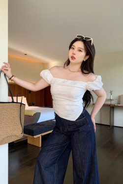 Plus Size Designer Lace One-Shoulder Top - Slimming Pleated Short T-Shirt for Summer - Trendy Chubby Style