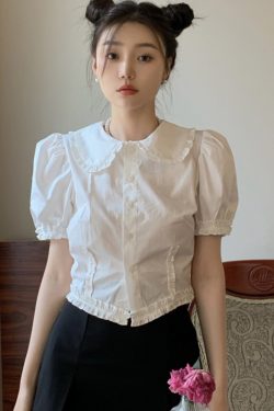 Plus Size Doll Collar Short Sleeve Shirt for Women - Summer 2025 French Style Slim Fit Flattering Crop Top