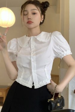 Plus Size Doll Collar Short Sleeve Shirt for Women - Summer 2025 French Style Slim Fit Flattering Crop Top