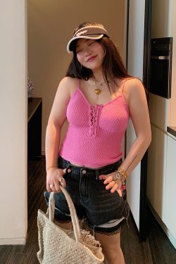 Plus Size Drawstring Strap Vest for Women - 2025 Summer Micro Fat Top in Pure Desire Style