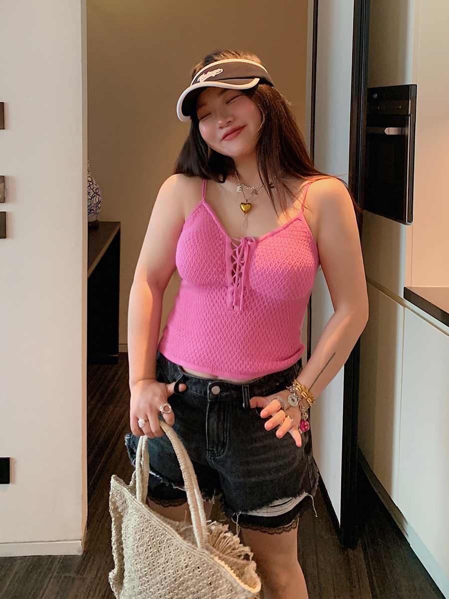 Plus Size Drawstring Strap Vest for Women - 2025 Summer Micro Fat Top in Pure Desire Style Plus Size Drawstring Strap Vest for Women - 2025 Summer Micro Fat Top in Pure Desire Style