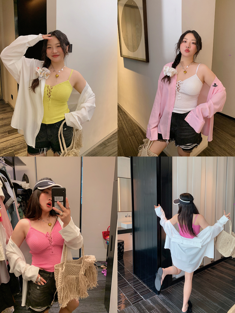 Plus Size Drawstring Strap Vest for Women - 2025 Summer Micro Fat Top in Pure Desire Style Plus Size Drawstring Strap Vest for Women - 2025 Summer Micro Fat Top in Pure Desire Style