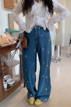 Plus Size Embroidered Bear Denim Pants for Women - Flattering Straight-Leg Blue Jeans, Spring Summer 2025, Y2K Style