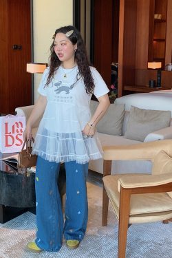 Plus Size Embroidered Bear Denim Pants for Women - Flattering Straight-Leg Blue Jeans, Spring Summer 2025, Y2K Style