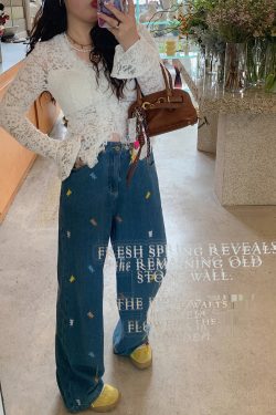 Plus Size Embroidered Bear Denim Pants for Women - Flattering Straight-Leg Blue Jeans, Spring Summer 2025, Y2K Style