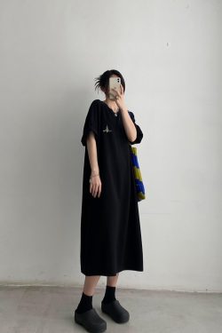 Plus-Size Embroidered Knee-Length Summer Skirt Dress in Loose Korean Style - Casual Grapefruit Design for Women