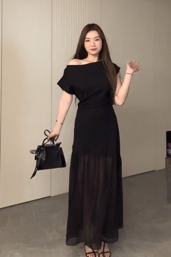 Plus-Size Flattering Off-Shoulder Summer Dress, Long Patchwork Little Black Dress for Women, Trendy and Fashionable Design