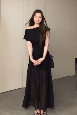 Plus-Size Flattering Off-Shoulder Summer Dress, Long Patchwork Little Black Dress for Women, Trendy and Fashionable Design