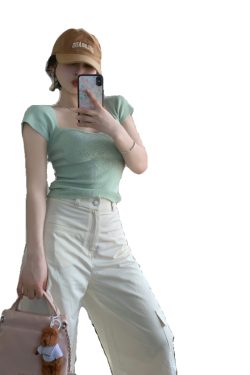 Plus-Size Flattering Square Neck Short Sleeve Knitted Top for Girls - Stylish Summer Essential, Cute and Slimming Design